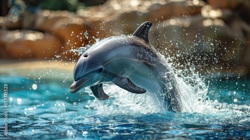 A playful dolphin leaping out of the water, its body gleaming in the sunlight, as it performs a spectacular acrobatic display. © Avanda1988