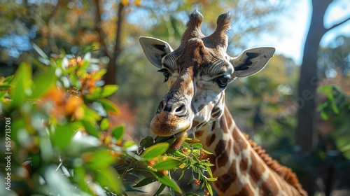 A curious giraffe stretching its long neck to reach a high leaf, its tongue unfurling like a giant ribbon.
