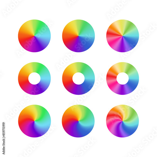 Rainbow round gradients collection. Swirling spectrum of multicolored rays.