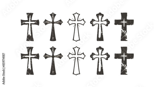 Grunge Christian Cross Vector Set - Collection of 10 Artistic, Hand-Drawn Cross Illustrations for Religious Designs