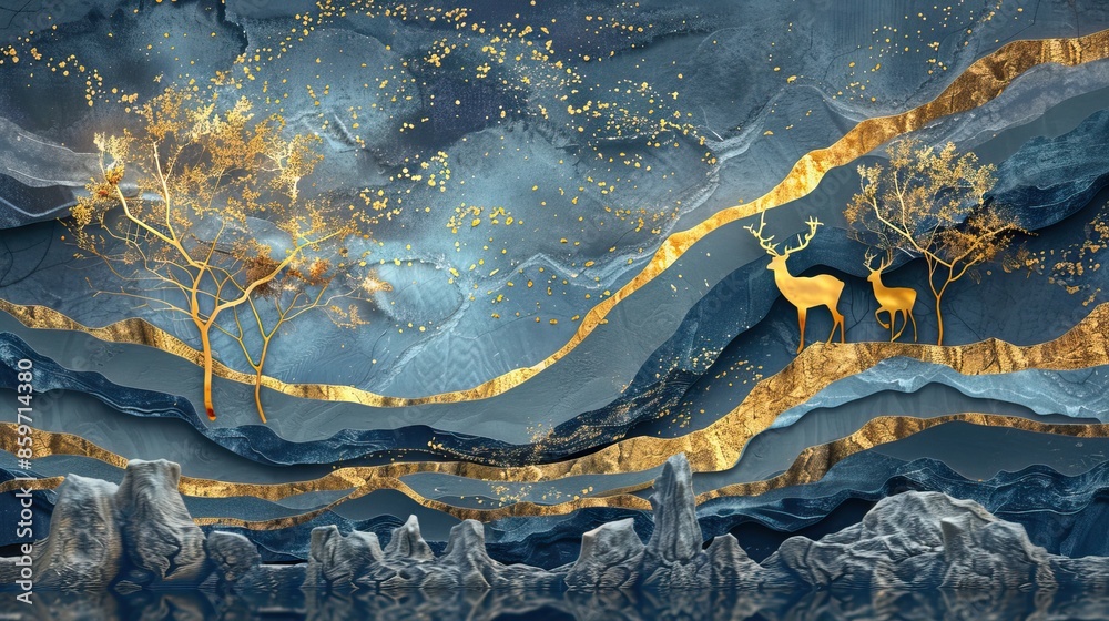 Fototapeta premium Majestic Blue and Gold Abstract Nature Scene. Mural or wallpaper background. High quality AI generated image