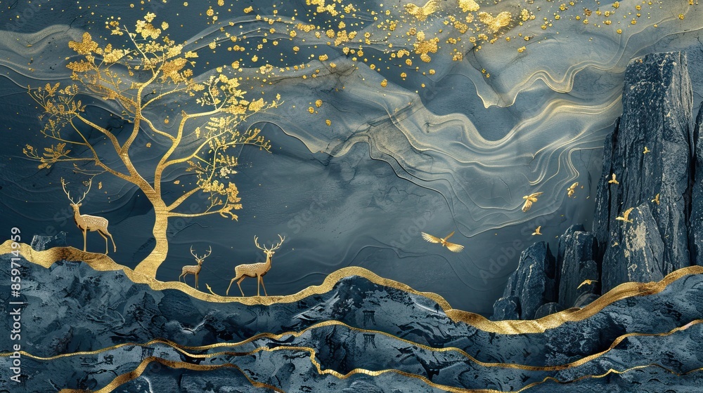 Fototapeta premium Majestic Blue and Gold Abstract Nature Scene. Mural or wallpaper background. High quality AI generated image
