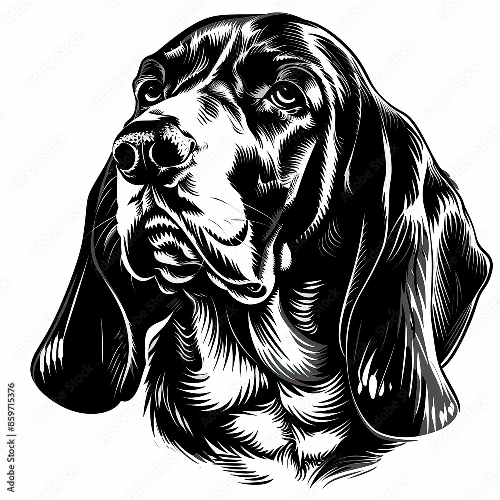 A black and white drawing of a Basset Hound dog A black and white drawing of a Basset Hound dog