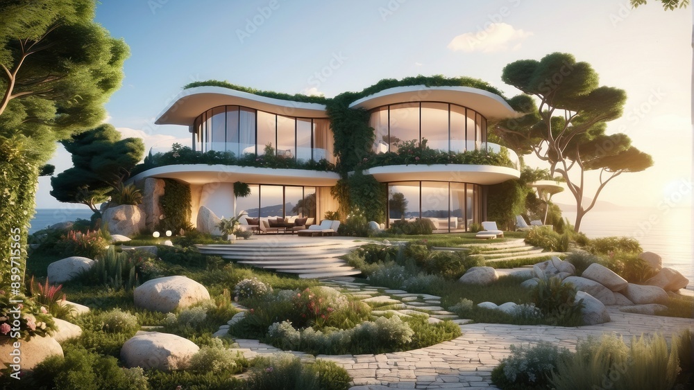 Naklejka premium Beautiful villa with a soothing garden by the sea