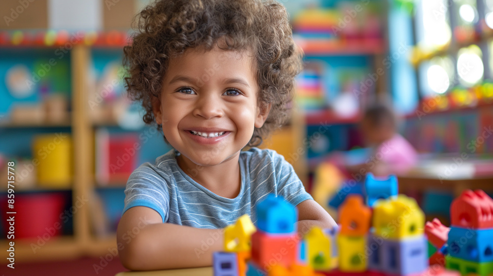 smiling preschool child playing together with colorful toys at kindergarten smiling preschool child playing together with colorful toys at kindergarten