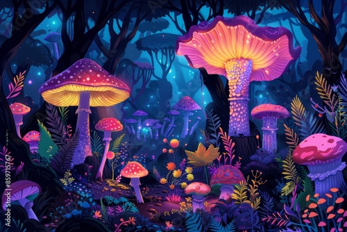 A whimsical fairy tale garden featuring giant flowers and oversized mushrooms © Avve Diana