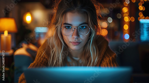 A beautiful young woman with glasses is sitting in front of her laptop, looking at the screen intently and focused on work or studying an online course.