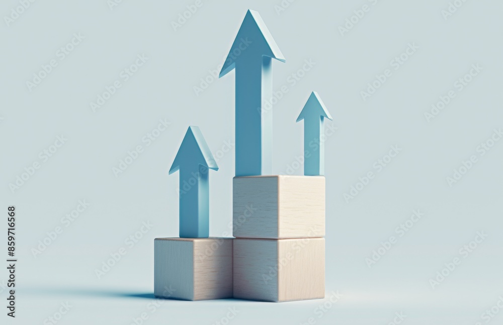 Business Growth Concept with Upward Pointing Arrows and Growing Chart on Wooden Cubes Business Growth Concept with Upward Pointing Arrows and Growing Chart on Wooden Cubes