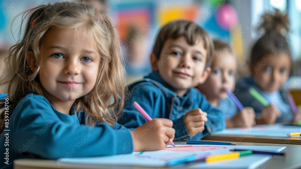 happy preschool students sitting on table drawing on paper at kindergarten 