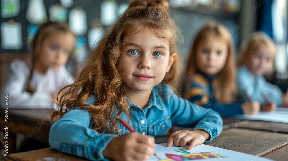 happy preschool students sitting on table drawing on paper at kindergarten happy preschool students sitting on table drawing on paper at kindergarten