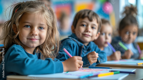 happy preschool students sitting on table drawing on paper at kindergarten 