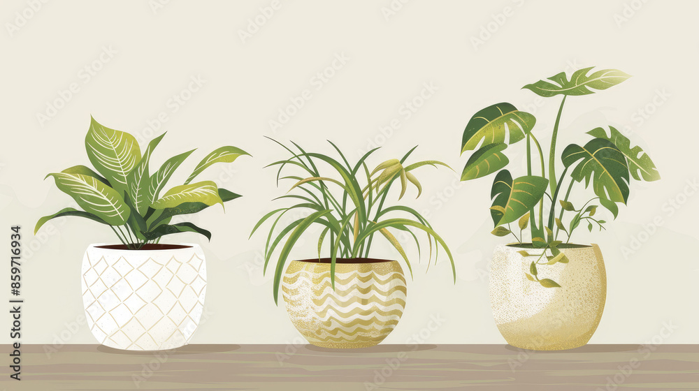 Three potted plants have green leaves with various shapes, displayed in decorative pots on a brown surface against a light beige background. Three potted plants have green leaves with various shapes, displayed in decorative pots on a brown surface against a light beige background.