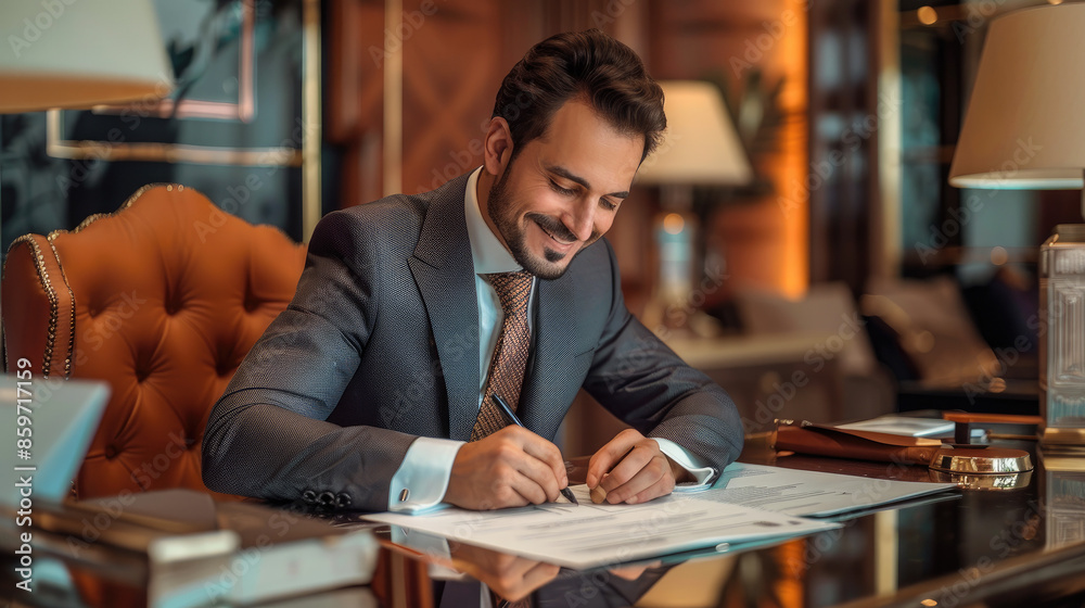 A man in a suit smiles while sitting at a desk, holding a pen and signing documents. The room has warm lighting and elegant decor, including lamps and leather chairs. A man in a suit smiles while sitting at a desk, holding a pen and signing documents. The room has warm lighting and elegant decor, including lamps and leather chairs.
