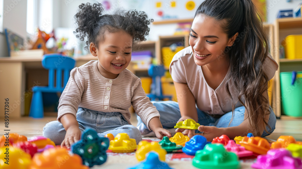 Fototapeta premium smiling female teacher and preschool child playing together with colorful toys at kindergarten