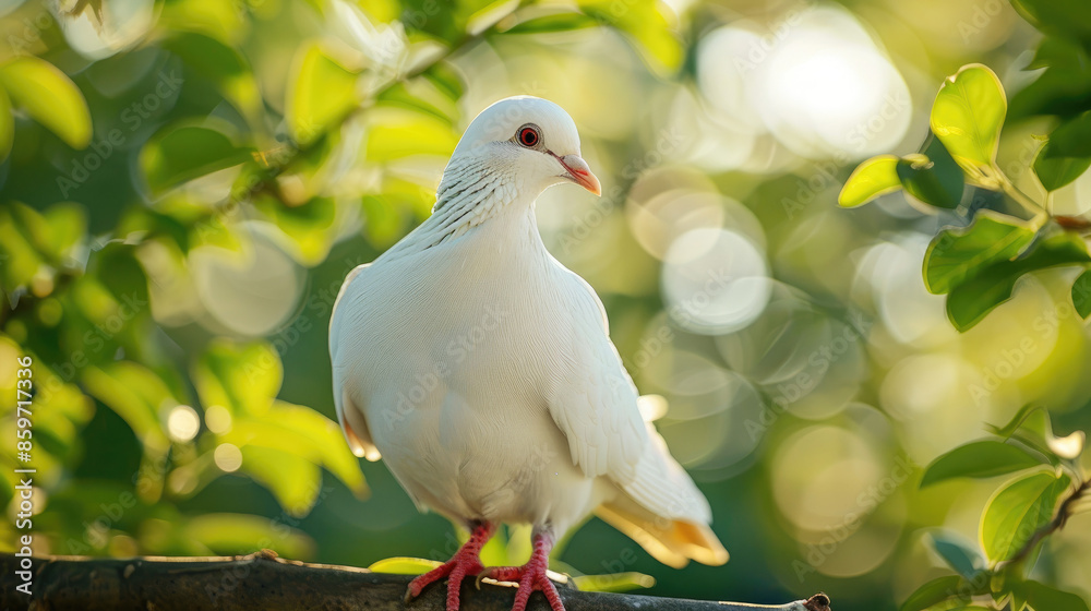 A white bird with red eyes and feet is perched on a branch, surrounded by green leaves and blurred lights in the background. A white bird with red eyes and feet is perched on a branch, surrounded by green leaves and blurred lights in the background.