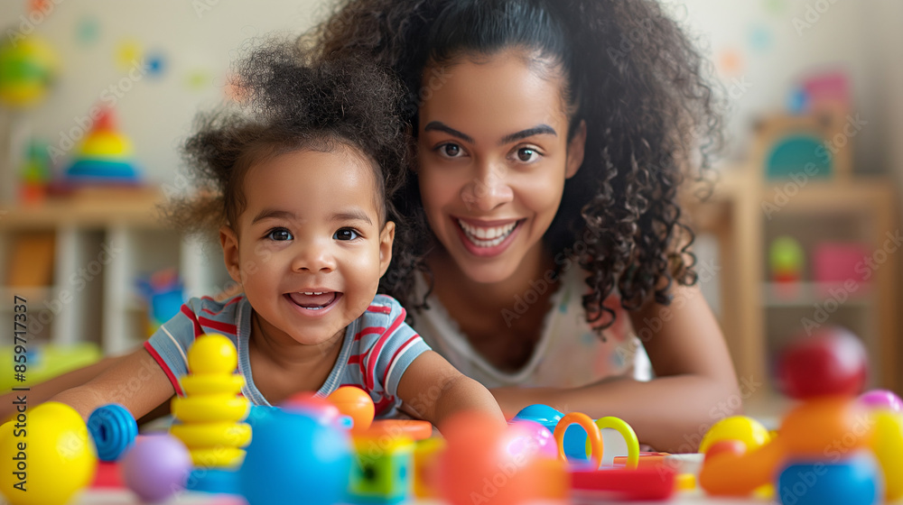 smiling female teacher and preschool child playing together with colorful toys at kindergarten smiling female teacher and preschool child playing together with colorful toys at kindergarten