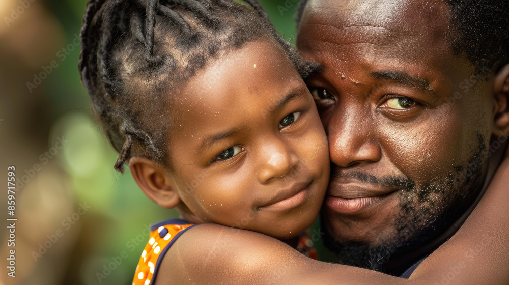 A child with braided hair and a man with a beard share a close embrace, both looking directly at the camera with gentle smiles. Background is blurred greenery. A child with braided hair and a man with a beard share a close embrace, both looking directly at the camera with gentle smiles. Background is blurred greenery.