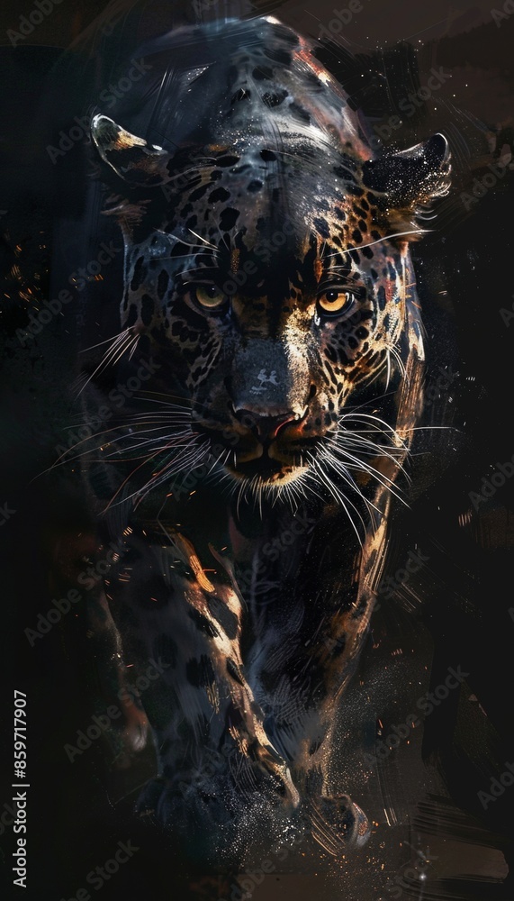 Ultra sharp digital art portraying front view Panther against dark background, part of captivating Ultra sharp digital art portraying front view Panther against dark background, part of captivating