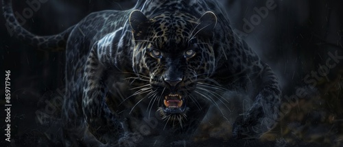 Ultra sharp digital art portraying front view Panther against dark background, part of captivating © markusmiller