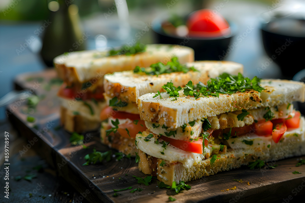 A gourmet club sandwich dish with additional toppings and herbs A gourmet club sandwich dish with additional toppings and herbs