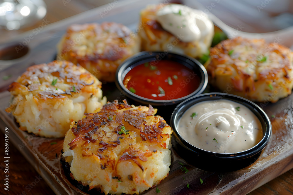 A gourmet crab cake dish with a variety of dipping sauces