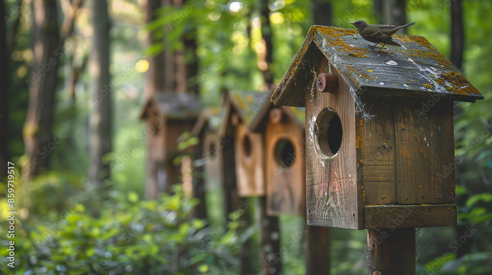 A series of birdhouses installed in a forest to provide habitat for native bird species, supporting biodiversity conservation. Concept Nature Conservation, Sustainability Lifestyle, Forest Protection A series of birdhouses installed in a forest to provide habitat for native bird species, supporting biodiversity conservation. Concept Nature Conservation, Sustainability Lifestyle, Forest Protection