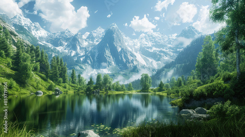 Snow-capped mountains rise behind a calm lake surrounded by green trees and rocks. The sky is blue with fluffy white clouds.