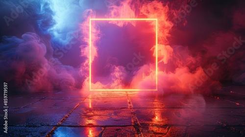 A neon square frame glowing in vibrant red and blue colors surrounded by swirling smoke, set on a reflective wet floor creating a surreal and futuristic atmosphere. photo