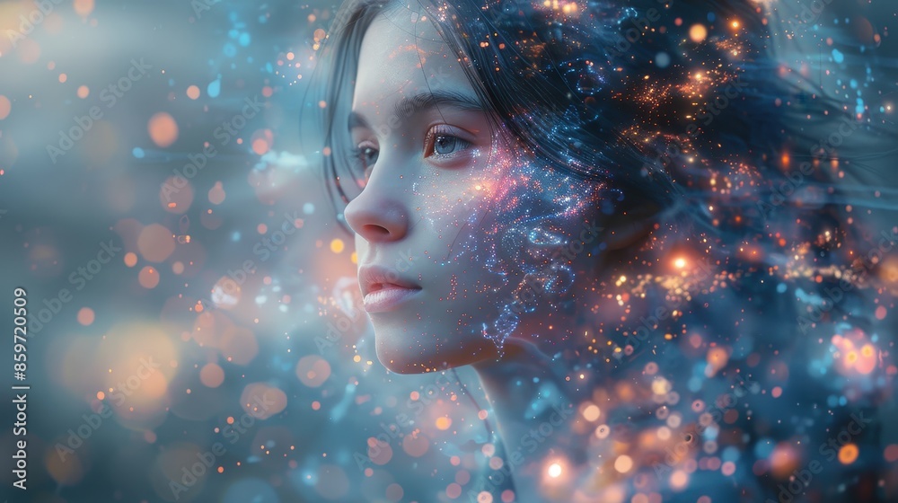 A serene woman in a sparkly, ethereal scene filled with floating light particles and soft hues, evoking a sense of wonder, contemplation, and ethereal beauty, set in a dreamlike atmosphere. A serene woman in a sparkly, ethereal scene filled with floating light particles and soft hues, evoking a sense of wonder, contemplation, and ethereal beauty, set in a dreamlike atmosphere.