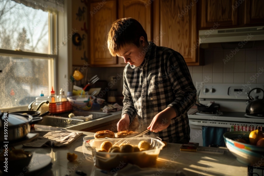 Ultra sharp image depicting morning routine young man with Down syndrome preparing breakfast Ultra sharp image depicting morning routine young man with Down syndrome preparing breakfast