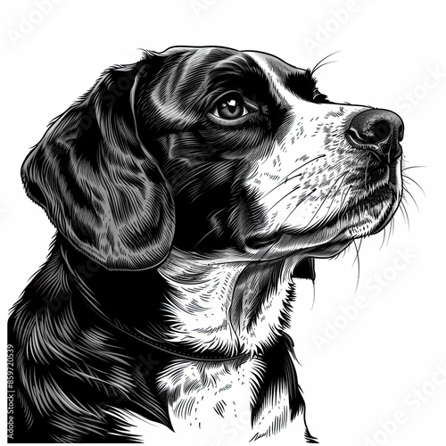 A black and white drawing of a beagle dog