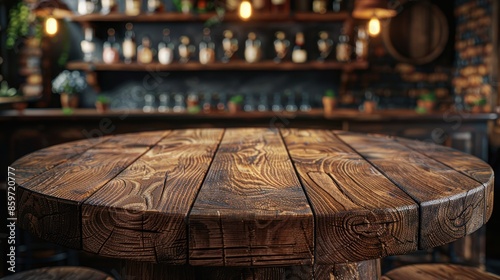 An elegant rustic round wooden table takes center stage in a cozy bar setting, beautifully illuminated by warm lighting, and surrounded by an array of bottles and vintage decor. photo