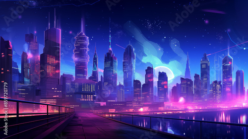 Night City , shades of blue, pink and purple. City in neon lights