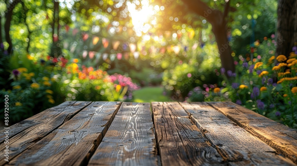A rustic wooden table in a sunlit garden, adorned with colorful flowers and decorative banners in the background creating a bright, cheerful setting. A rustic wooden table in a sunlit garden, adorned with colorful flowers and decorative banners in the background creating a bright, cheerful setting.