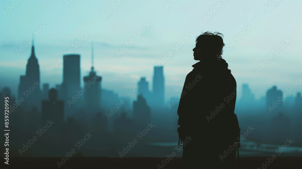 A person stands in silhouette against a backdrop of a city skyline, with tall buildings visible through a hazy, blue-tinted sky. A person stands in silhouette against a backdrop of a city skyline, with tall buildings visible through a hazy, blue-tinted sky.
