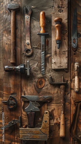 Flat lay composition with vintage carpentry tools on rough wooden background. Top view workbench with carpenter different tools. Woodworking, craftsmanship and handwork concept 