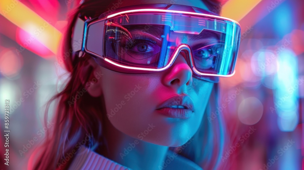 A person is equipped with a vibrant VR headset, set against a neon-lit tech space that showcases an immersive and futuristic virtual reality experience. A person is equipped with a vibrant VR headset, set against a neon-lit tech space that showcases an immersive and futuristic virtual reality experience.