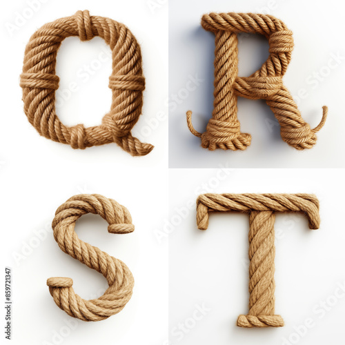 Q, R, S, T, letter out of jute rustic rope, type, rope, alphabet, text, lettering, typography, 3D style