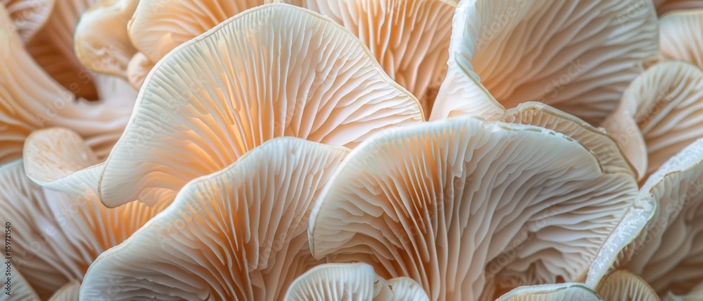A mesmerizing macro view revealing the intricate beauty fresh oyster mushrooms, accentuating A mesmerizing macro view revealing the intricate beauty fresh oyster mushrooms, accentuating