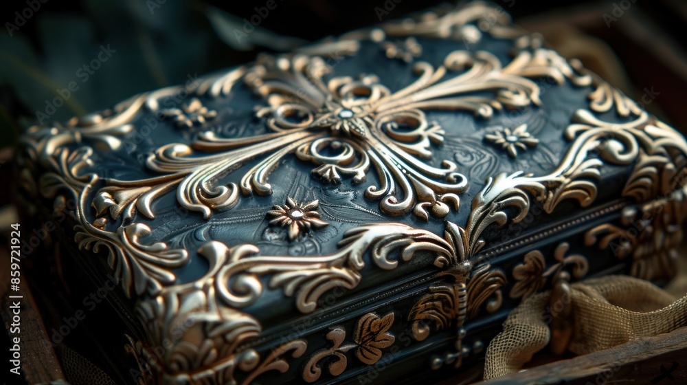 Ornate Antique Jewelry Box with Intricate Gold Filigree Ornate Antique Jewelry Box with Intricate Gold Filigree