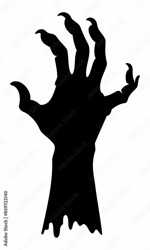 Black silhouette of creepy zombie hand isolated on a white background. Eerie monster hand outline. Concept of horror, Halloween, creepy design. Print, icon, design element. Graphic art Black silhouette of creepy zombie hand isolated on a white background. Eerie monster hand outline. Concept of horror, Halloween, creepy design. Print, icon, design element. Graphic art