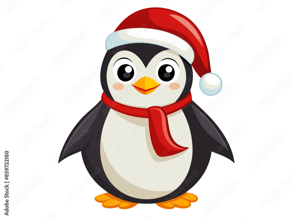 Cute penguin in Christmas Santa hat isolated on white background. Adorable little penguin in festive attire. Concept of holiday pets, Christmas animals, festive season. Print, logo, design element Cute penguin in Christmas Santa hat isolated on white background. Adorable little penguin in festive attire. Concept of holiday pets, Christmas animals, festive season. Print, logo, design element