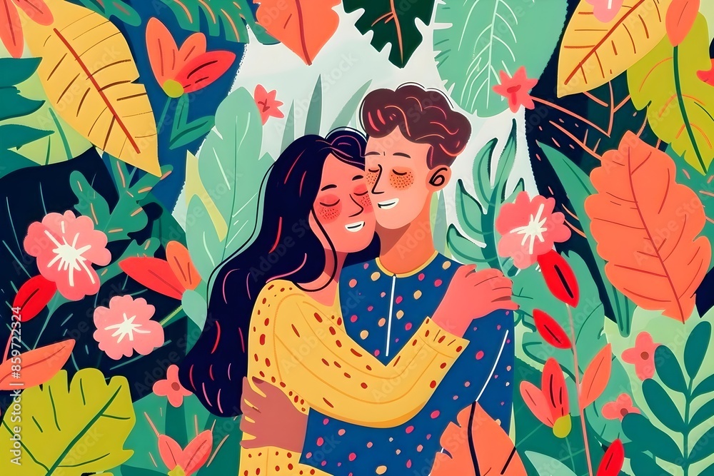 Couple embracing in a colorful natural setting in an animated illustration of love and affection Couple embracing in a colorful natural setting in an animated illustration of love and affection