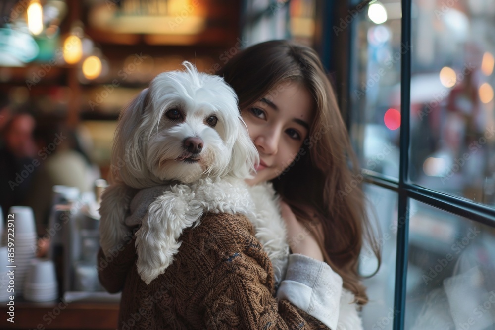 Captivating image of a woman bonding with her white dog at a cozy coffee shop Captivating image of a woman bonding with her white dog at a cozy coffee shop