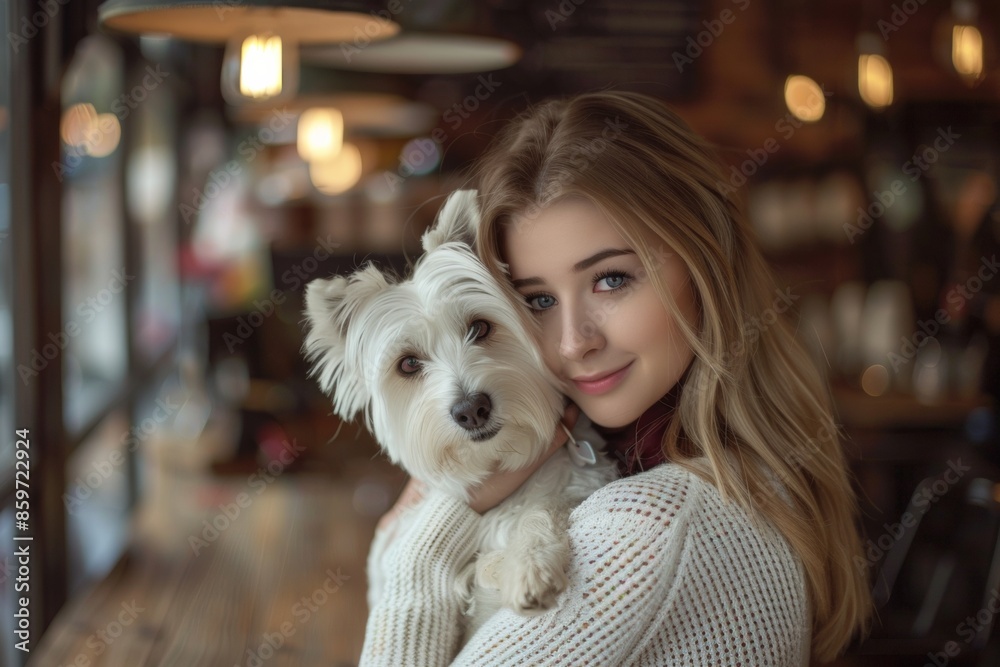Captivating image of a woman bonding with her white dog at a cozy coffee shop Captivating image of a woman bonding with her white dog at a cozy coffee shop