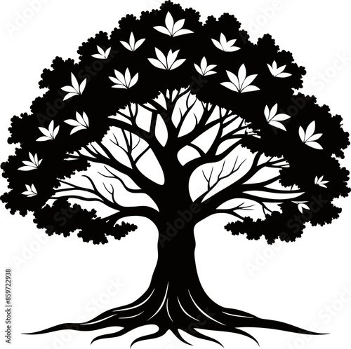 Silhouette oak tree on a white background free vector art photo