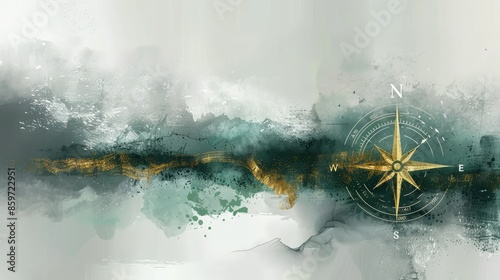 Modern art piece with golden texturing over green-gray shades, accented with a subtle compass.