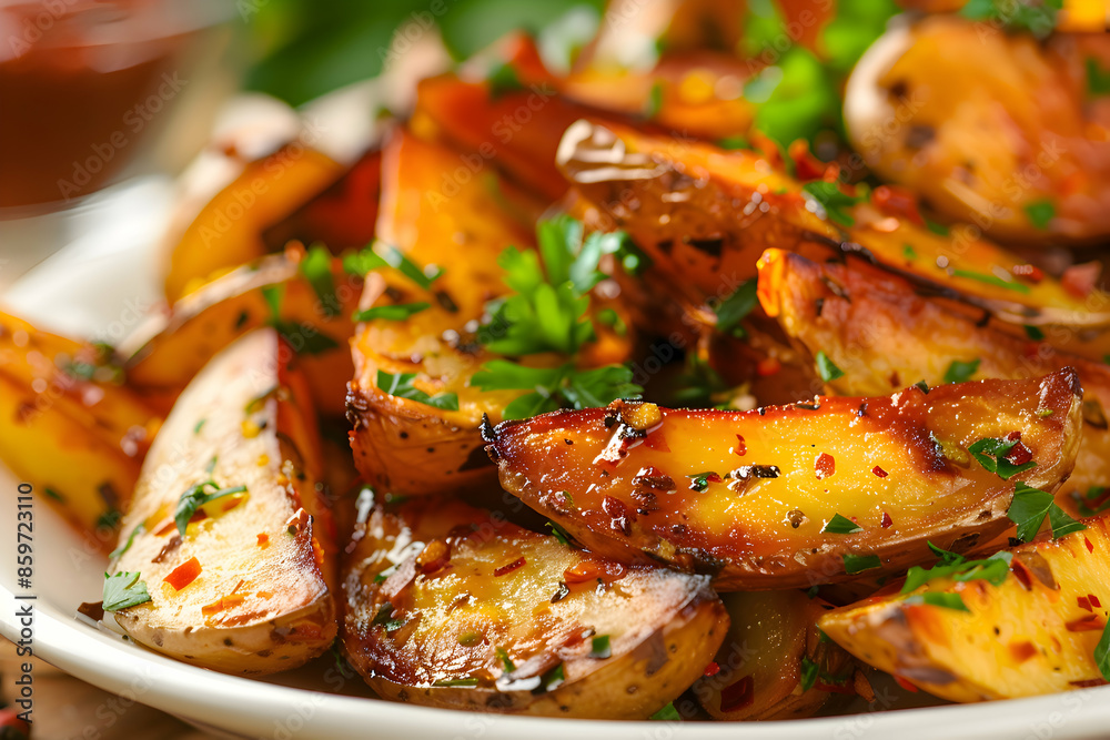 A gourmet potato wedge dish with special sauces and herbs A gourmet potato wedge dish with special sauces and herbs