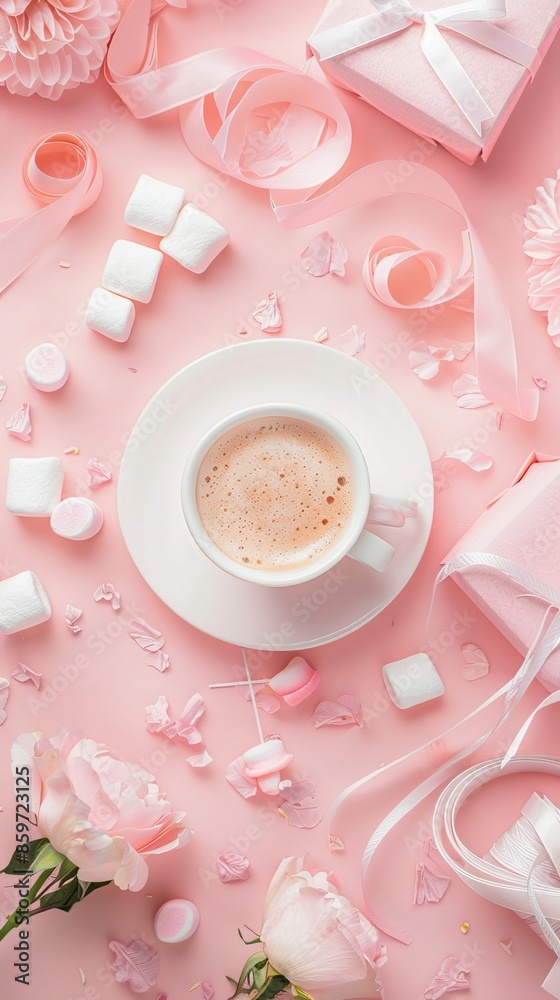 Flat lay, top view feminine desk with coffee cup, flowers, marshmallows, gift box and spools with ribbon on pink background. Festive home office desk concept, female workspace with girl's accessories 