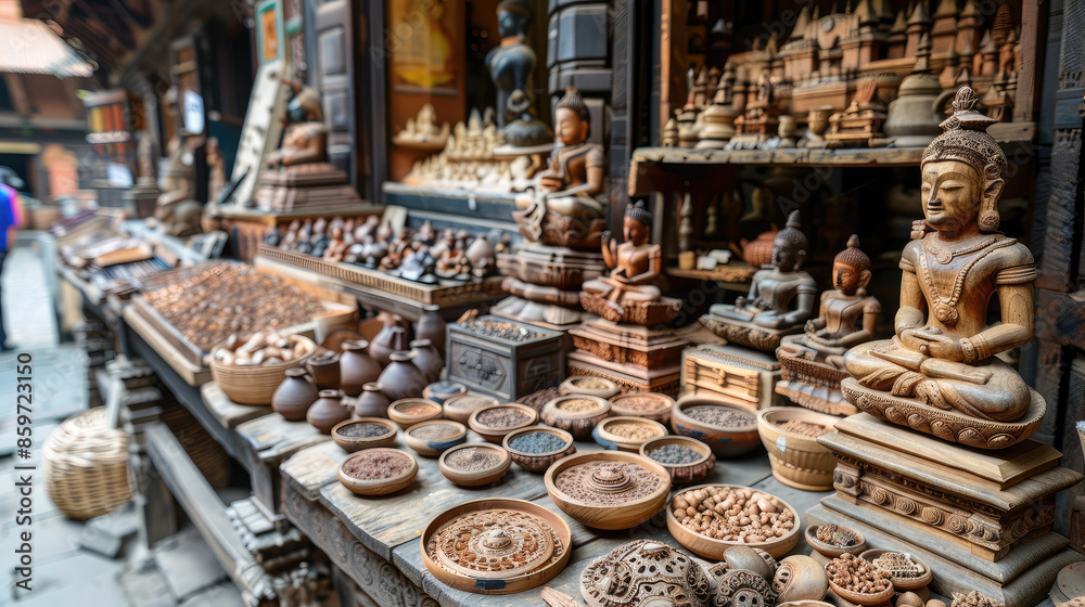 Many carved wooden figures, bowls, and small containers arranged neatly on a table at an outdoor stall with intricate designs.